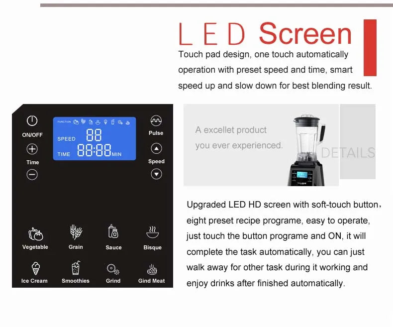 Automatic Digital Touchscreen 3HP BPA FREE 2L Professional Blender