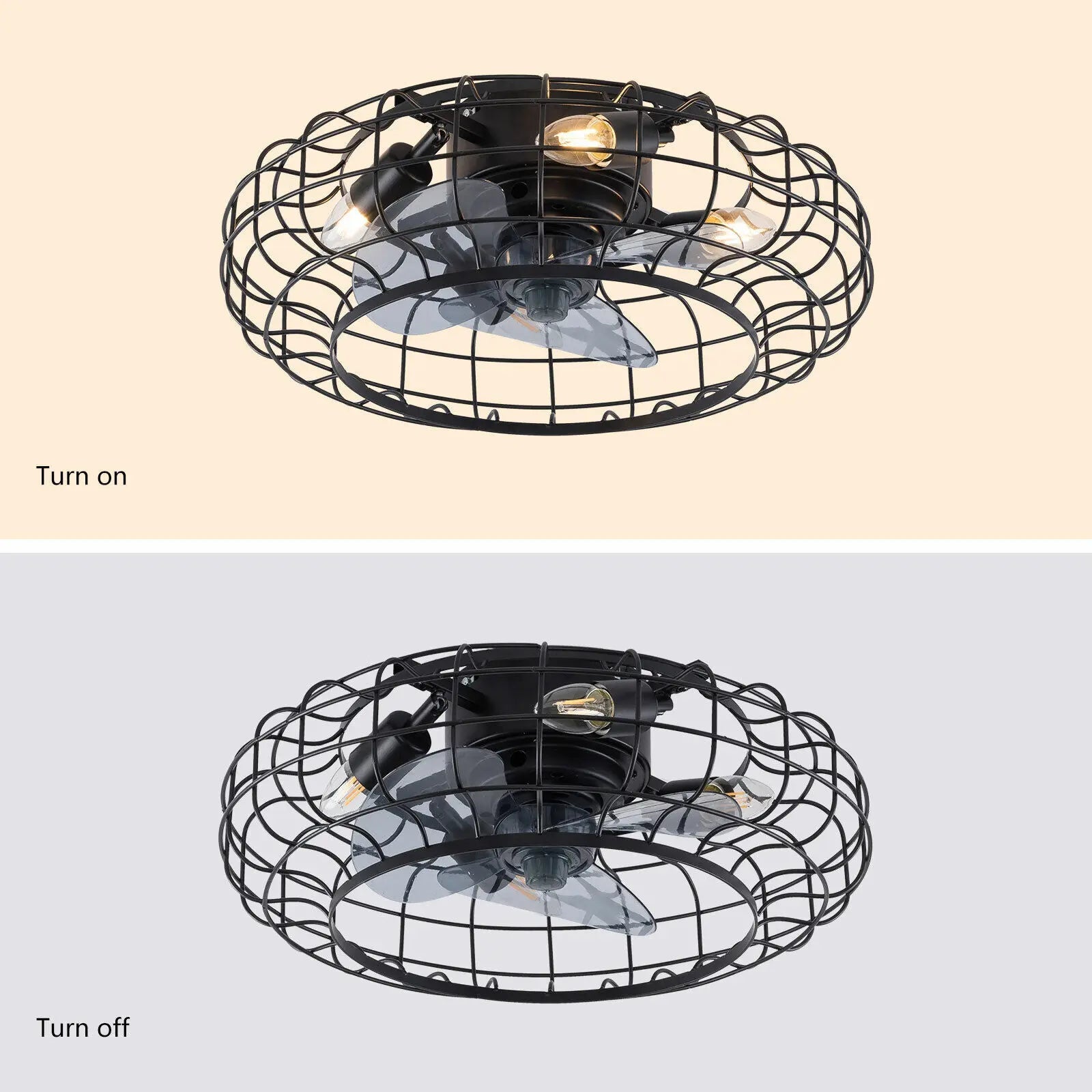 Caged Ceiling Fan Lights Remote Control Industrial Black Semi Flush